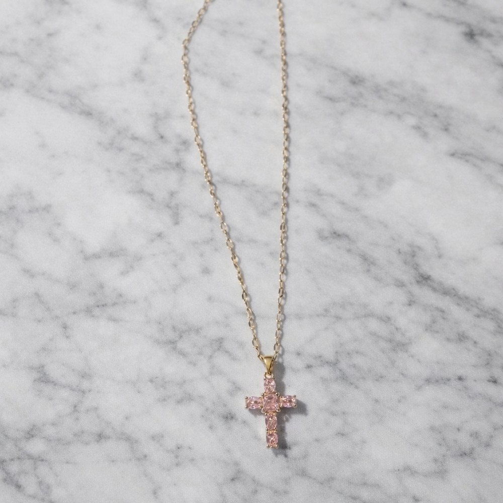Elegant Pink Crystal Cross Pendant Necklace - Women Jewelry